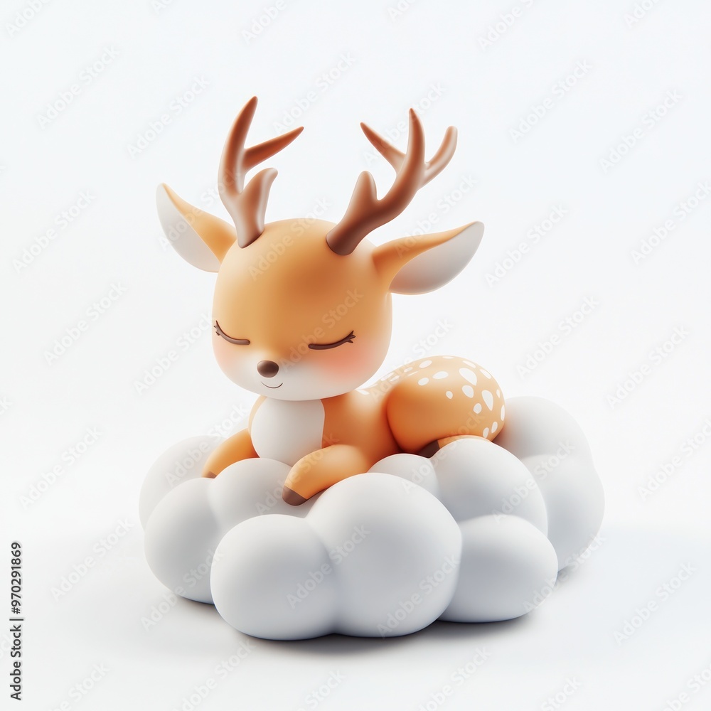 A cute, stylized deer figurine resting on a fluffy cloud, evoking a whimsical atmosphere. A cute, stylized deer figurine resting on a fluffy cloud, evoking a whimsical atmosphere.