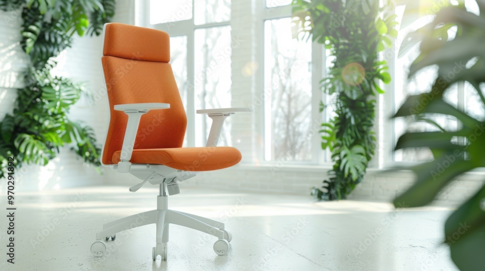 Fototapeta premium An ergonomic office chair featuring vibrant orange upholstery stands in a contemporary workspace with large windows and indoor plants