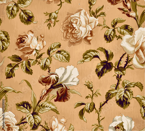 Vintage floral pattern with blooming roses, irises and buds in pink, brownand green on a cream background. elegant and romantic. photo