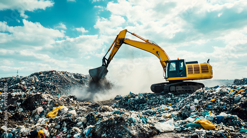 landfill scene with an excavator managing urban waste, separating and moving heaps of garbage while clouds of dust rise into the air