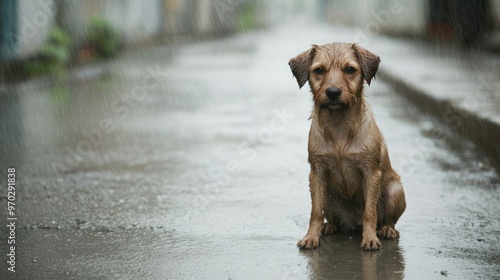 A small dog sits in a wet alley, looking forlorn as rain falls around, longing for companionship and shelter from the storm