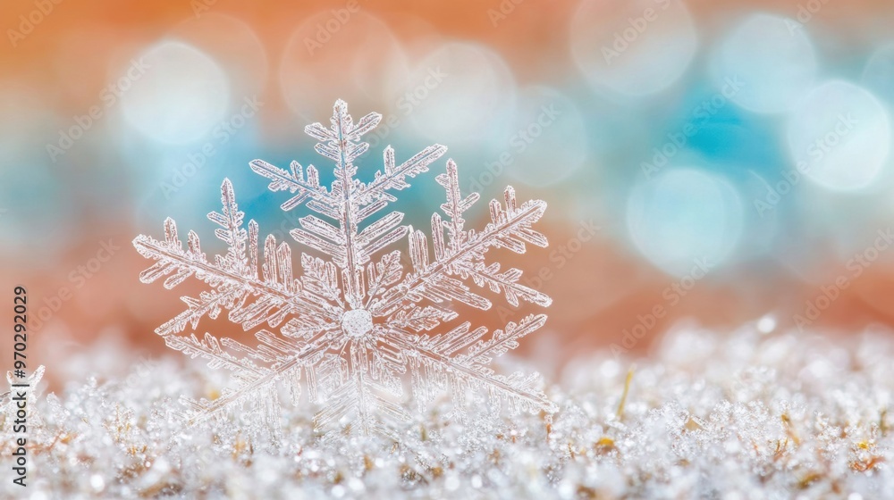 A stunning macro view reveals the intricate design of a snowflake resting on sparkling frost in a winter landscape A stunning macro view reveals the intricate design of a snowflake resting on sparkling frost in a winter landscape