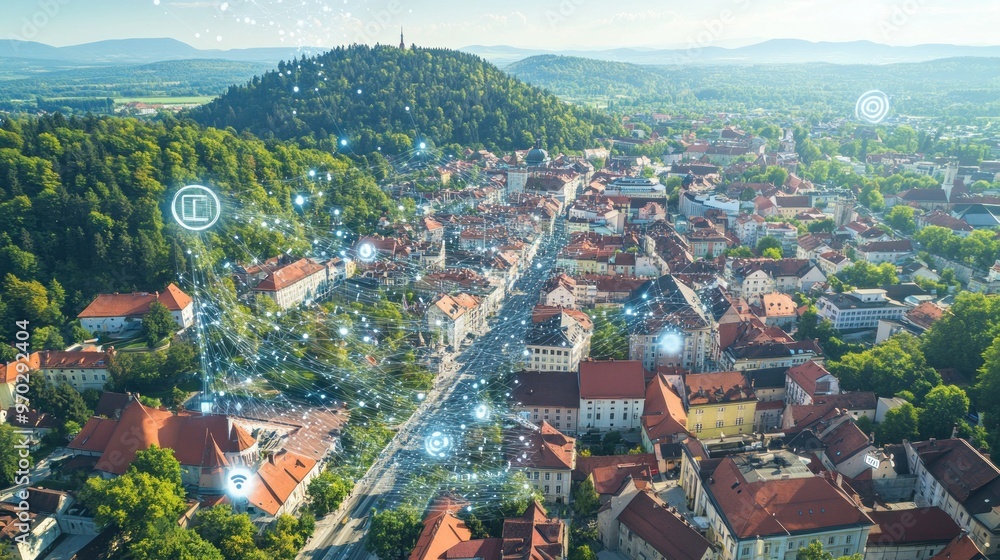 Obraz premium Smart City Aerial View: Connected Technology