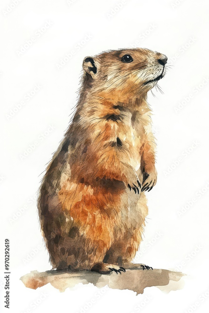 Fototapeta premium Happy marmot character flat design, side view, wildlife theme, watercolor, complementary color scheme