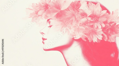 A woman turns her profile towards the viewer, her features softly illuminated, wearing a floral crown on a gentle pink backdrop