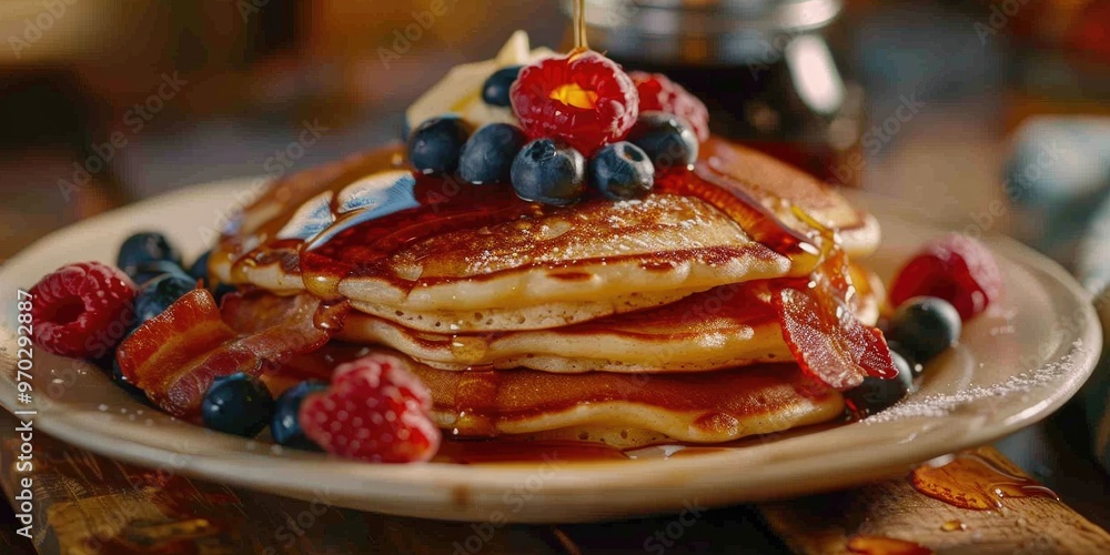 Fototapeta premium American Pancake Platter with Crispy Bacon Fresh Berries Maple Syrup and Creamy Butter