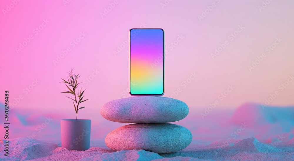 Photo of a phone on top of two balanced stones, against the background of a gradient sky in pastel colors. The screen is bright and colorful, with an elegant design. Photo of a phone on top of two balanced stones, against the background of a gradient sky in pastel colors. The screen is bright and colorful, with an elegant design.