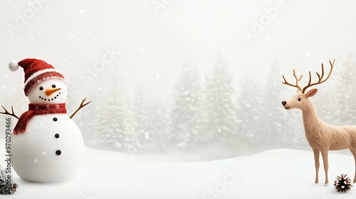 Snowman wearing a red Santa hat and scarf smiles at a reindeer with antlers in the snow.