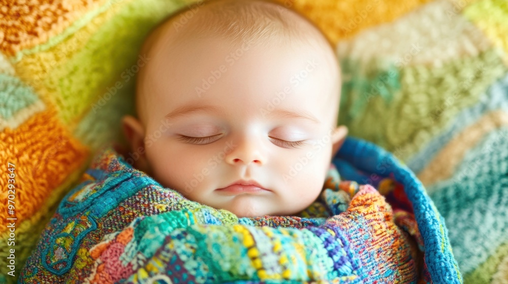 A newborn baby sleeps soundly while wrapped in a vibrant, colorful blanket, resting on soft, cozy textures A newborn baby sleeps soundly while wrapped in a vibrant, colorful blanket, resting on soft, cozy textures