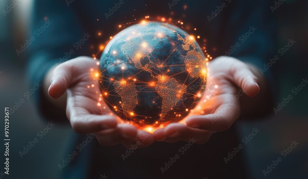 Fototapeta premium A person's hands hold a glowing globe with digital network connections, symbolizing global connectivity and technology.