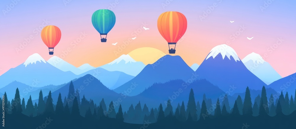 Colorful Hot Air Balloons Soaring Above Mountain Scenery Colorful Hot Air Balloons Soaring Above Mountain Scenery