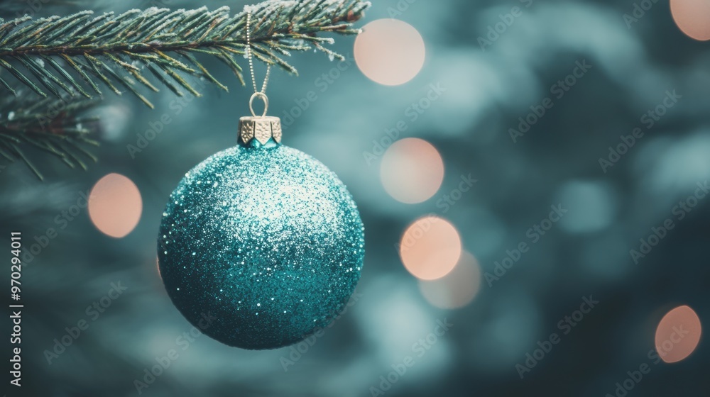A glittering turquoise ornament dangles from a tree branch, reflecting holiday lights in the cozy winter atmosphere A glittering turquoise ornament dangles from a tree branch, reflecting holiday lights in the cozy winter atmosphere