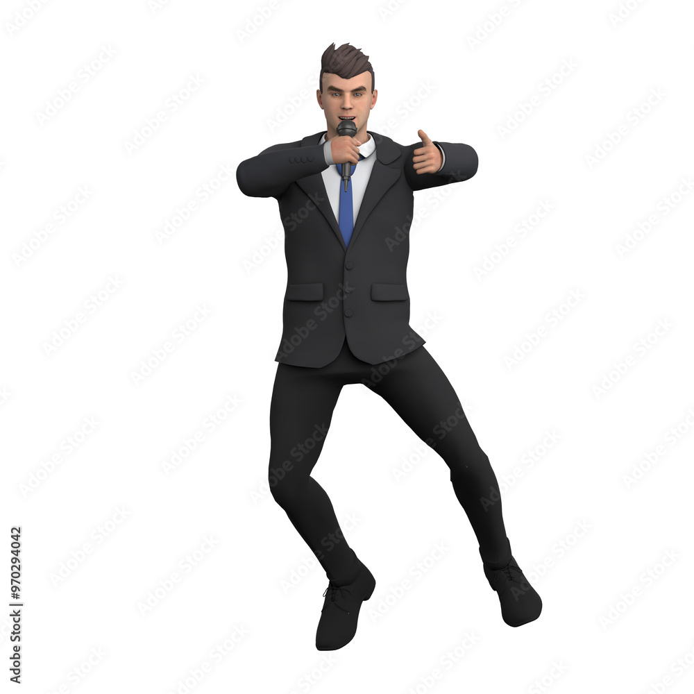 Male Lawyer with Briefcase. A male lawyer in a jumping position while holding a microphone and pointing his thumb up with his left hand, as if announcing success. 3D Illustration Male Lawyer with Briefcase. A male lawyer in a jumping position while holding a microphone and pointing his thumb up with his left hand, as if announcing success. 3D Illustration