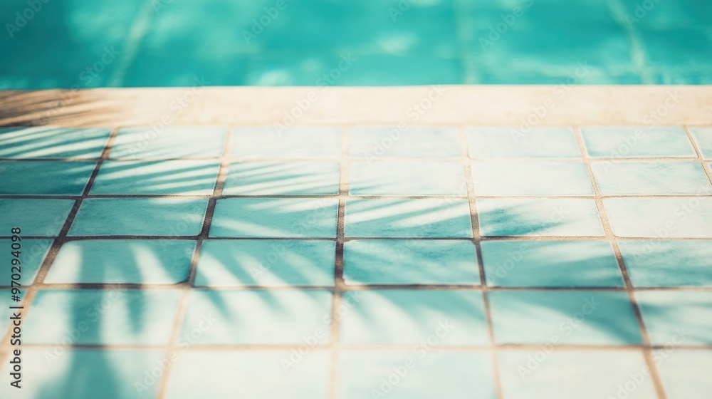 Obraz premium Palm leaf shadows create a striking pattern on vibrant tiles near a refreshing swimming pool under clear blue skies