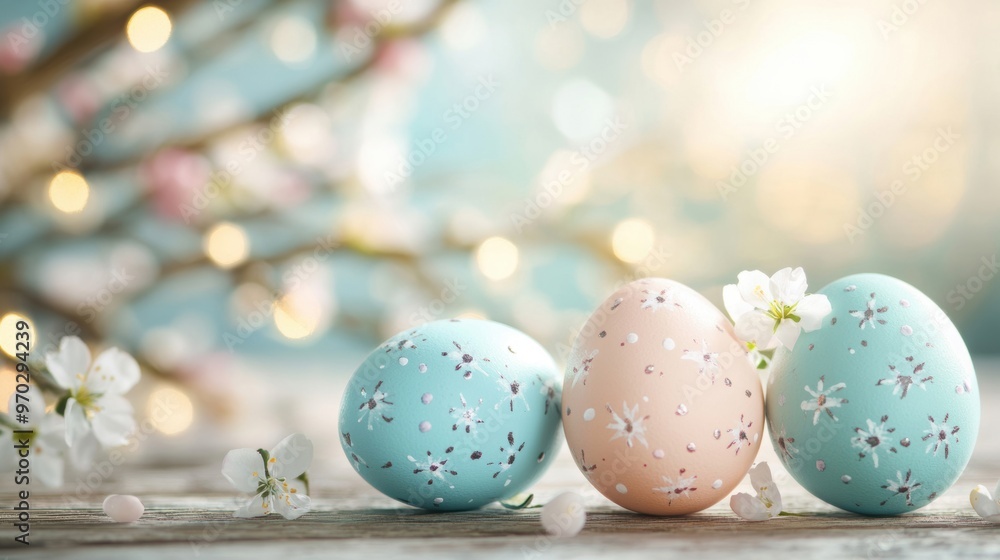 Pastel-colored Easter eggs are placed next to blooming spring flowers, creating a festive atmosphere filled with joy Pastel-colored Easter eggs are placed next to blooming spring flowers, creating a festive atmosphere filled with joy