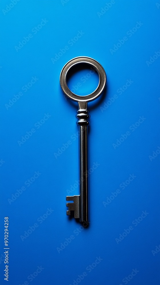 Silver key on blue background, minimalist concept Silver key on blue background, minimalist concept