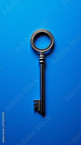 Silver key on blue background, minimalist concept