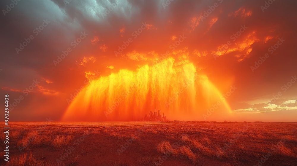 Obraz premium Fiery Sunset with Cityscape and Field of Grass