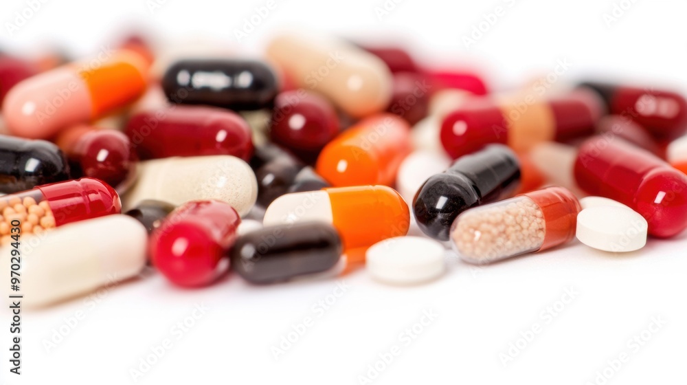 Colorful pills and tablets are scattered across a clean white surface, showcasing a variety of shapes and sizes Colorful pills and tablets are scattered across a clean white surface, showcasing a variety of shapes and sizes