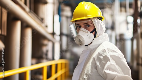 Full-Height Employee Wearing Personal Protective Equipment (PPE) in a Professional Setting, Showcasing Safety Gear and Precautionary Measures