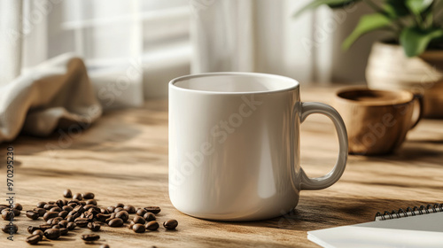 A minimalist coffee mug sits on wooden table surrounded by coffee beans, creating warm and inviting atmosphere.
