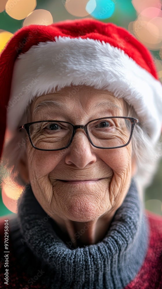 Elderly woman wearing santa hat with festive Elderly woman wearing santa hat with festive