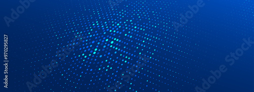 Glowing blue dotted texture. Abstract curved round dot grid wallpaper. Circle halftone pattern background. Dark navy backdrop for technology, business, science, healthcare, medicine design. Vector