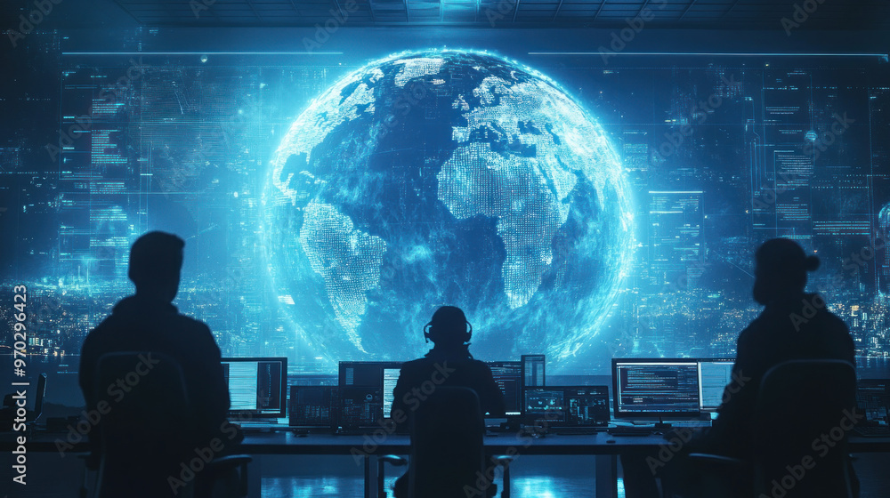A team of cybersecurity professionals monitors digital globe in modern control room, showcasing advanced technology and global connectivity.