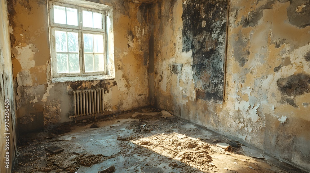 Focused shot of a dilapidated room, walls suffering from water intrusion, peeling layers of paint and thick mold formations, insurance documentation imagery Focused shot of a dilapidated room, walls suffering from water intrusion, peeling layers of paint and thick mold formations, insurance documentation imagery
