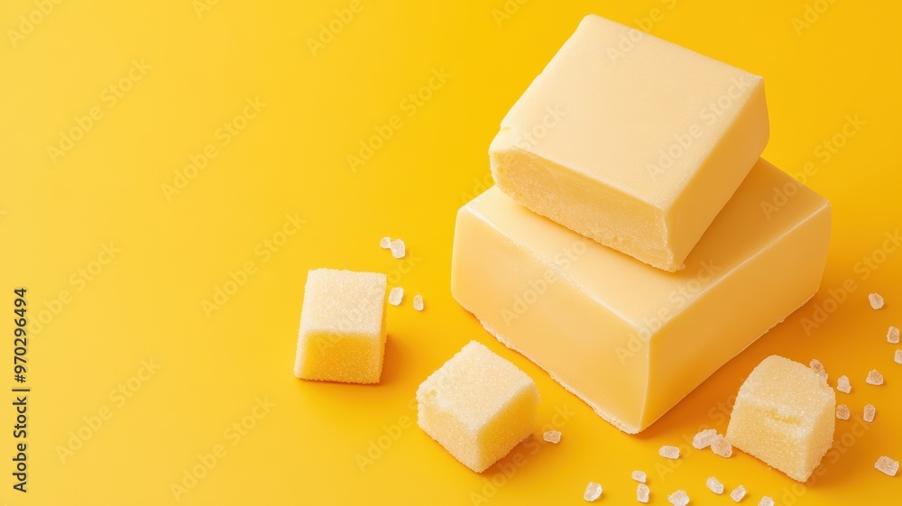 Fresh yellow butter blocks arranged on a vibrant yellow background, showcasing a rich and creamy texture. Fresh yellow butter blocks arranged on a vibrant yellow background, showcasing a rich and creamy texture.