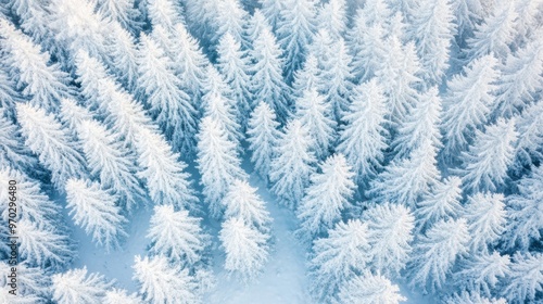 Snow blankets a tranquil pine forest, creating a peaceful winter vista captured from above, highlighting nature's beauty in the cold season