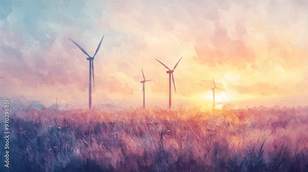 Obraz premium Peaceful meadow with wind turbines basking in the warm light of dawn, the horizon painted in soft watercolors, blending serenity and renewable power