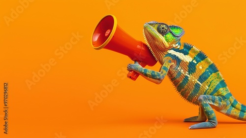 Solid Orange Background: Vibrant Chameleon Shouting into a Megaphone – Creative Announcement Concept with a Playful Mix of Wildlife