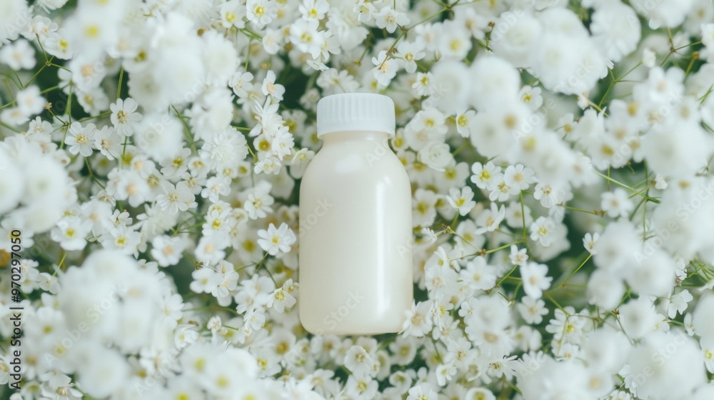 A baby bottle rests gently among a bed of white flowers, creating a peaceful and nurturing environment in a natural setting A baby bottle rests gently among a bed of white flowers, creating a peaceful and nurturing environment in a natural setting