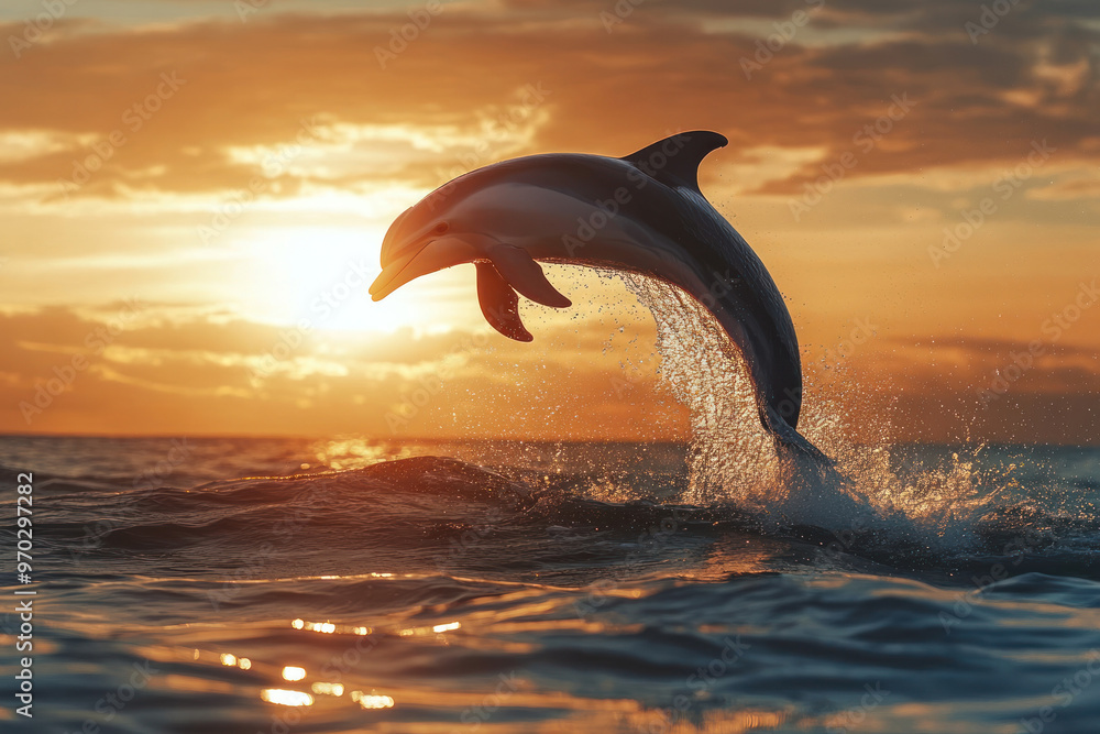 Obraz premium A dolphin leaps gracefully out of ocean at sunset, creating stunning silhouette against vibrant sky. scene captures beauty and energy of marine life.