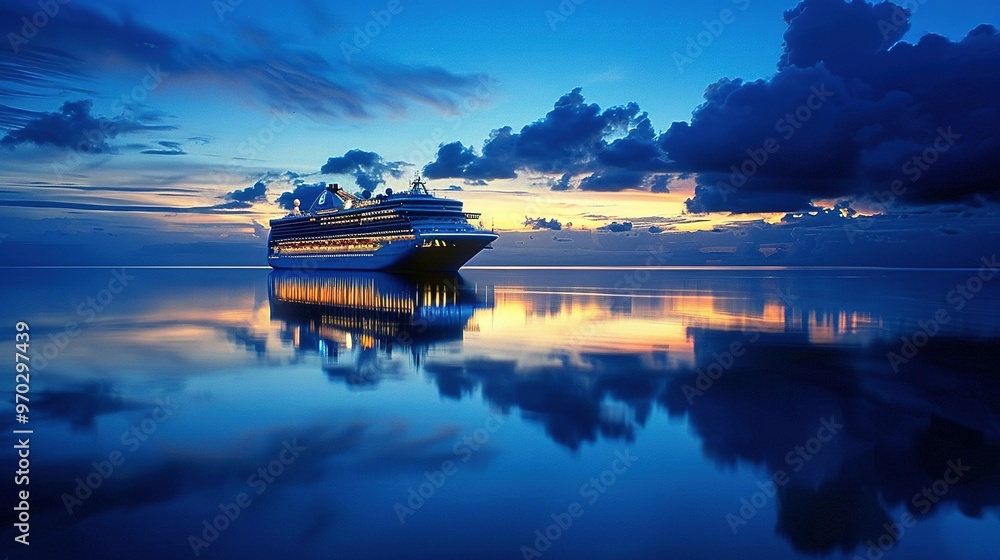 Tranquil Ocean Waters Reflecting a Cruise Ship Lit Warmly Against a Twilight Backdrop Tranquil Ocean Waters Reflecting a Cruise Ship Lit Warmly Against a Twilight Backdrop