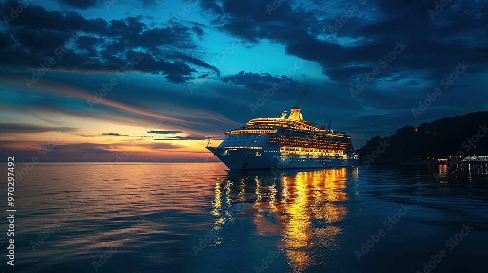 Twilight Backdrop: A Cruise Ship Lit Warmly Reflecting Beautifully on the Tranquil Ocean Waters Twilight Backdrop: A Cruise Ship Lit Warmly Reflecting Beautifully on the Tranquil Ocean Waters