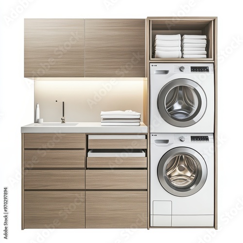 Modern laundry setup featuring stacked washer and dryer with storage cabinets.