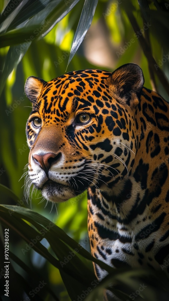 Obraz premium Jaguar in lush jungle setting, close-up