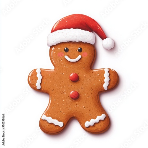 Gingerbread man with Santa hat, holiday-themed design, cartoon style, bright colors, isolated on white background