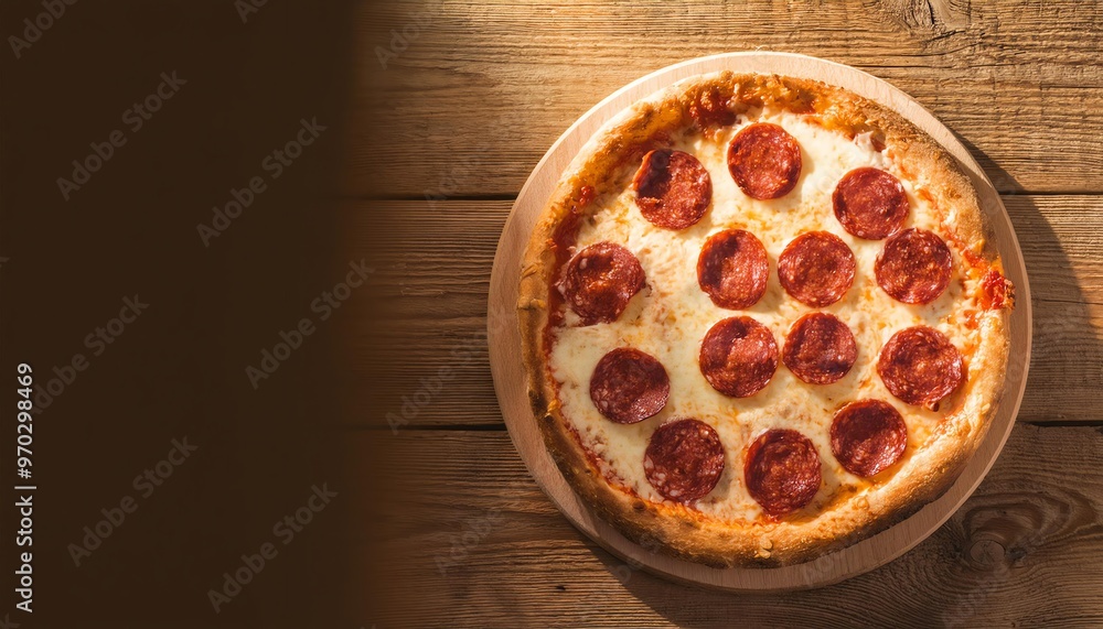 Pizza with Pepperoni on a Wooden Table Suitable for Web, Apps, Presentation, or Printable Meaning Pizza with Pepperoni on a Wooden Table Suitable for Web, Apps, Presentation, or Printable Meaning