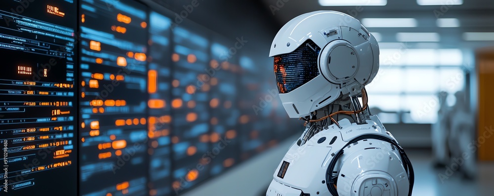 Futuristic robot standing in front of a high-tech screen, showcasing advanced technology and digital interface. Futuristic robot standing in front of a high-tech screen, showcasing advanced technology and digital interface.