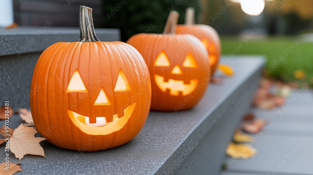Three glowing carved pumpkins on steps during autumn for classic Halloween decoration Three glowing carved pumpkins on steps during autumn for classic Halloween decoration