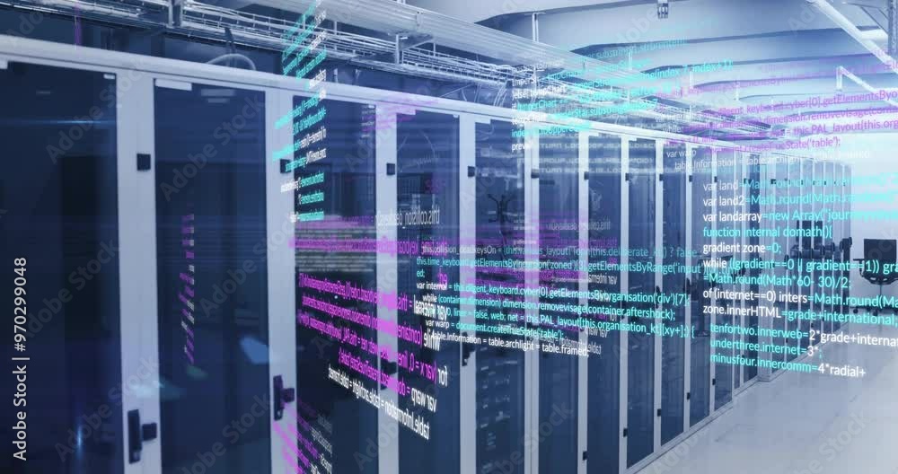 Animation of data processing over server room Animation of data processing over server room