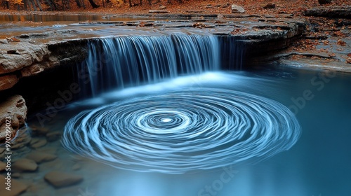 Waterfall Creating a Spiraling Pattern in a Pool of Water