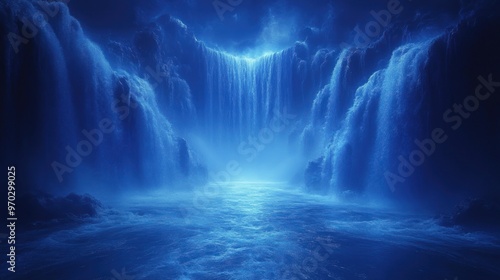 A Glowing Blue Waterfall in a Mystical Cave