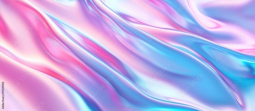 Fototapeta premium Abstract Iridescent Holographic Foil Background In Neon Blue And Pink Texture Gradient Design Creative Colorful Surface With Waves 3D Illustration