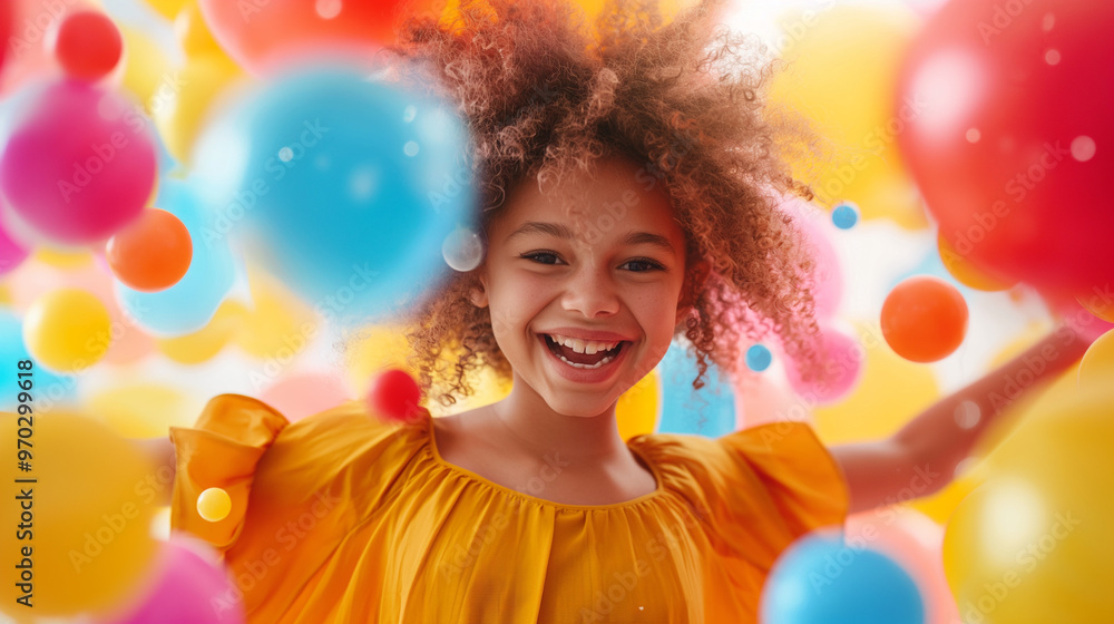 An exuberant young woman in a yellow jacket celebrates with arms raised amidst a shower of colorful balls. An exuberant young woman in a yellow jacket celebrates with arms raised amidst a shower of colorful balls.