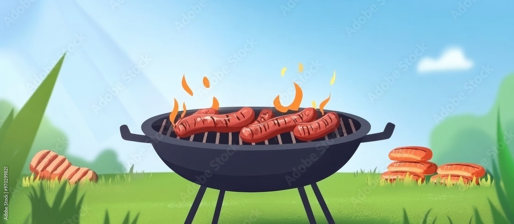 Family Weekend Barbecue With Charred Sausages Against Blurred Background Family Weekend Barbecue With Charred Sausages Against Blurred Background