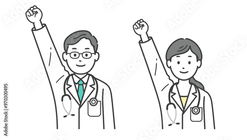 ガッツポーズをする医師男女の上半身イラスト